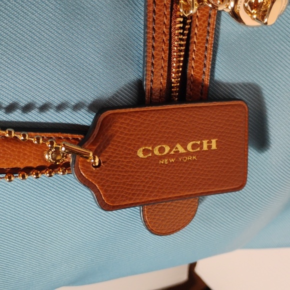 Coach Light Blue Tote with Brown Leather Trim - Picture 4 of 10